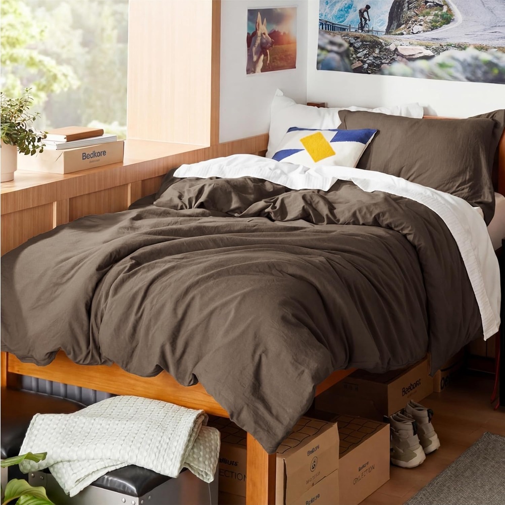 image:imageBedsure Tan Gingham Ruffle Duvet Cover SetVintage Farmhouse Bedding Queen  Cottagecore Aesthetic Ruffle Edges Soft Lightweight Hidden Zipper Inner Ties 90x90 Comforter Cover 2 Pillow Shams02  Dark Brown No Comforter