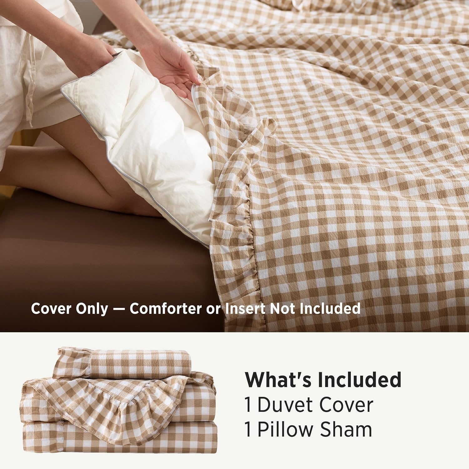 image:imageBedsure Tan Gingham Ruffle Duvet Cover SetVintage Farmhouse Bedding Queen  Cottagecore Aesthetic Ruffle Edges Soft Lightweight Hidden Zipper Inner Ties 90x90 Comforter Cover 2 Pillow Shams24  Tan Gingham