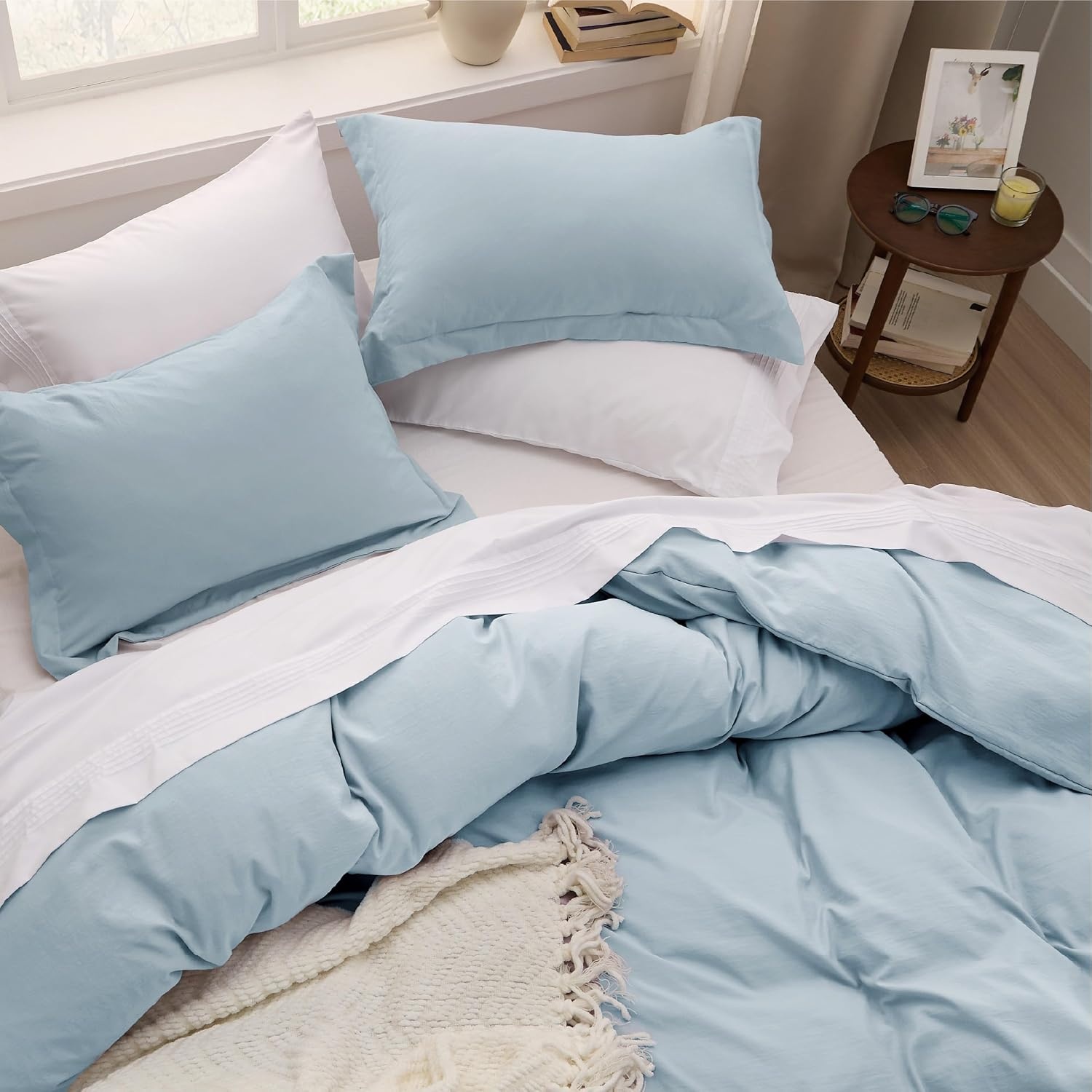 image:imageBedsure Tan Gingham Ruffle Duvet Cover SetVintage Farmhouse Bedding Queen  Cottagecore Aesthetic Ruffle Edges Soft Lightweight Hidden Zipper Inner Ties 90x90 Comforter Cover 2 Pillow Shams20  Sky Blue No Comforter