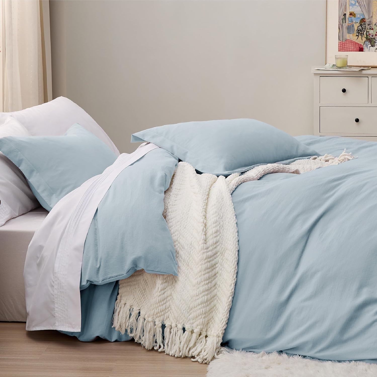 image:imageBedsure Tan Gingham Ruffle Duvet Cover SetVintage Farmhouse Bedding Queen  Cottagecore Aesthetic Ruffle Edges Soft Lightweight Hidden Zipper Inner Ties 90x90 Comforter Cover 2 Pillow Shams20  Sky Blue No Comforter