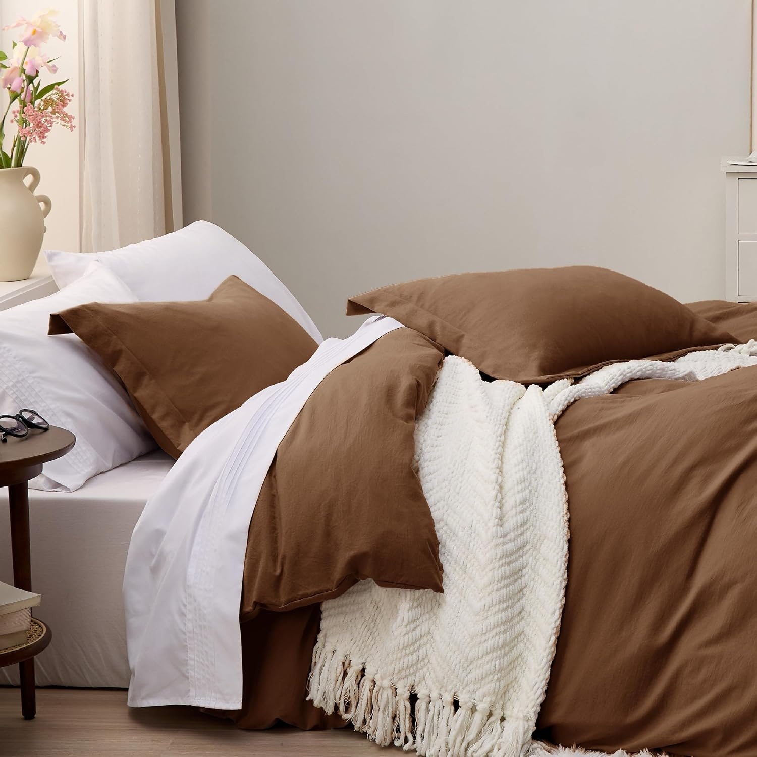 image:imageBedsure Tan Gingham Ruffle Duvet Cover SetVintage Farmhouse Bedding Queen  Cottagecore Aesthetic Ruffle Edges Soft Lightweight Hidden Zipper Inner Ties 90x90 Comforter Cover 2 Pillow Shams19  Chocolate Brown No Comforter