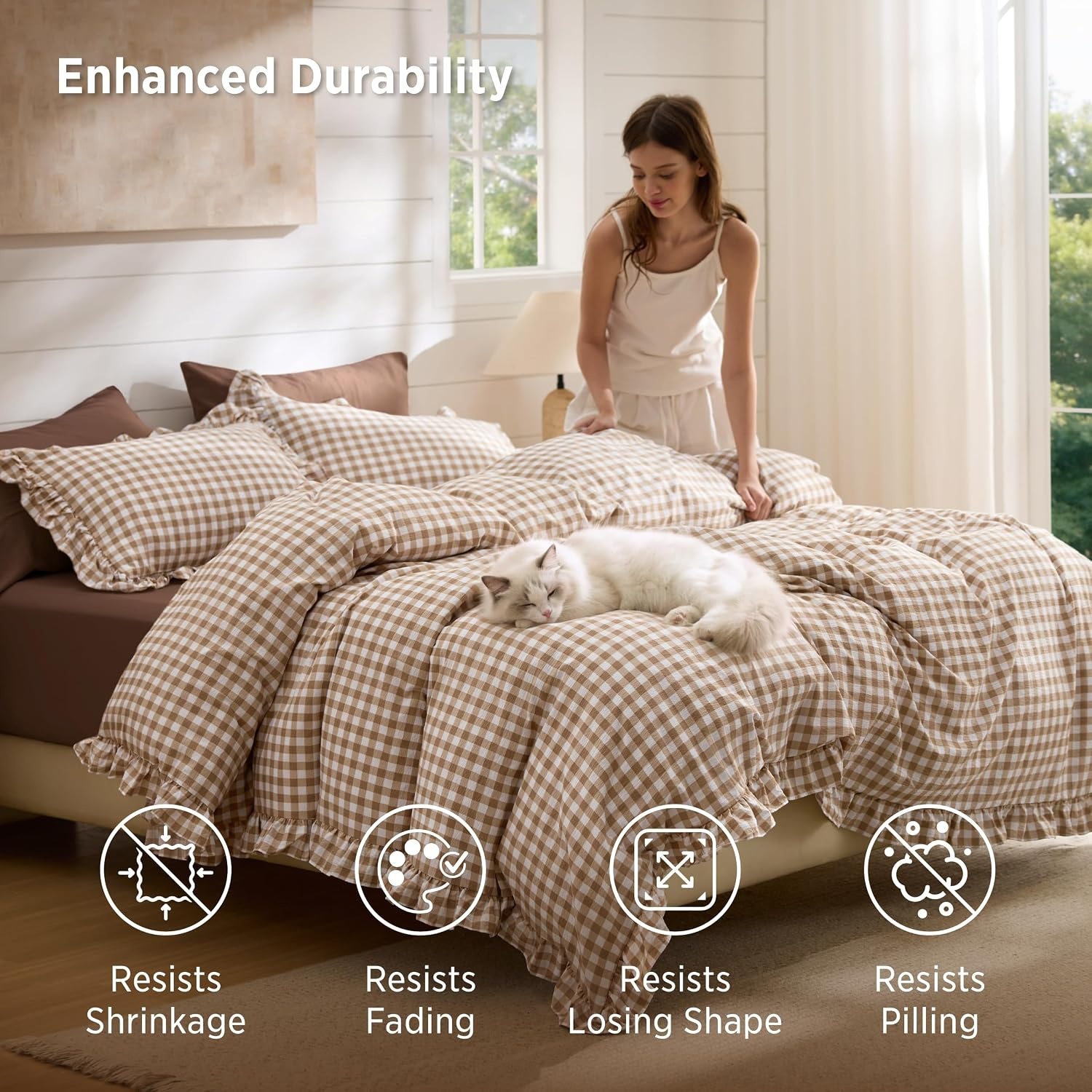 image:imageBedsure Tan Gingham Ruffle Duvet Cover SetVintage Farmhouse Bedding Queen  Cottagecore Aesthetic Ruffle Edges Soft Lightweight Hidden Zipper Inner Ties 90x90 Comforter Cover 2 Pillow Shams24  Tan Gingham