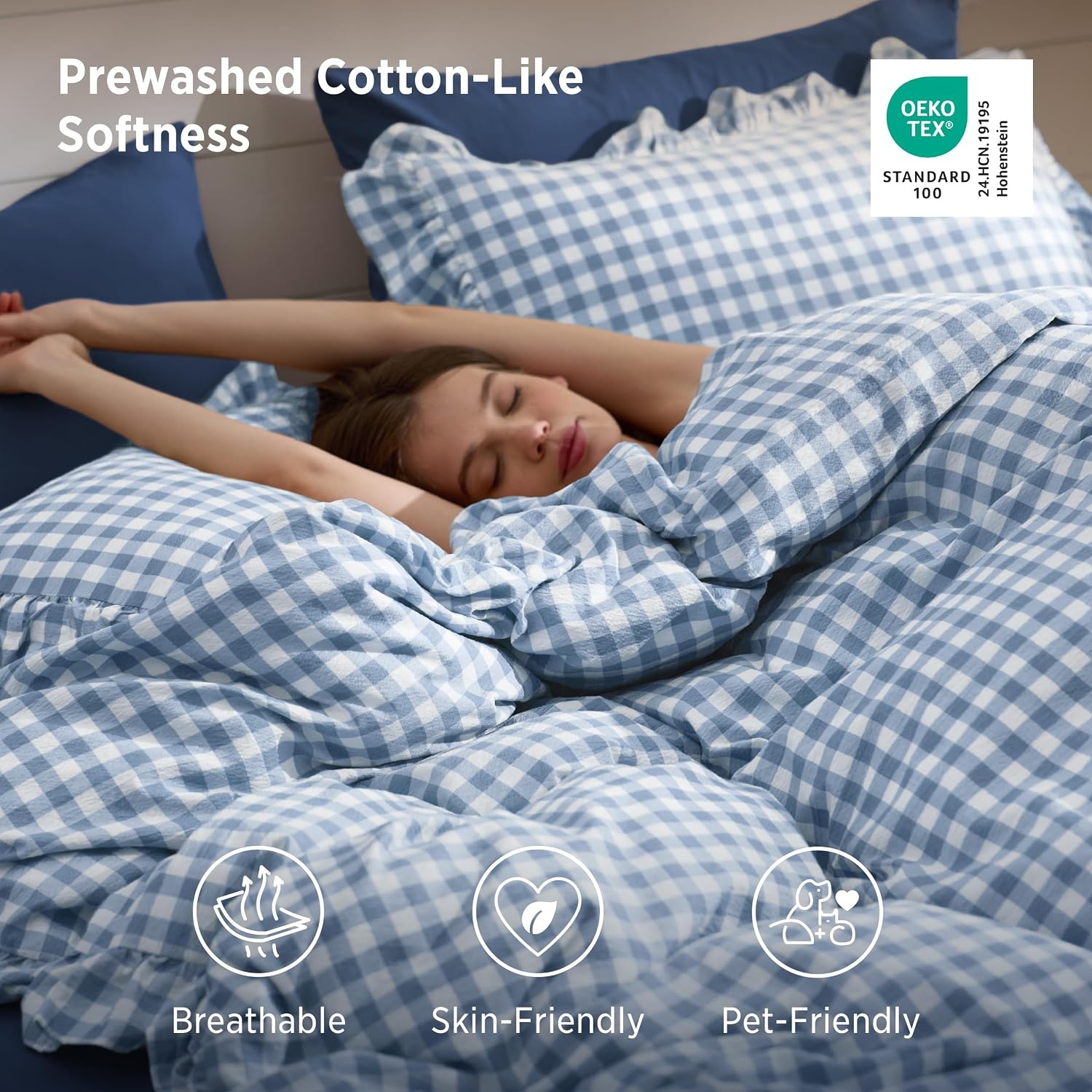 image:imageBedsure Tan Gingham Ruffle Duvet Cover SetVintage Farmhouse Bedding Queen  Cottagecore Aesthetic Ruffle Edges Soft Lightweight Hidden Zipper Inner Ties 90x90 Comforter Cover 2 Pillow Shams26  Blue Gingham