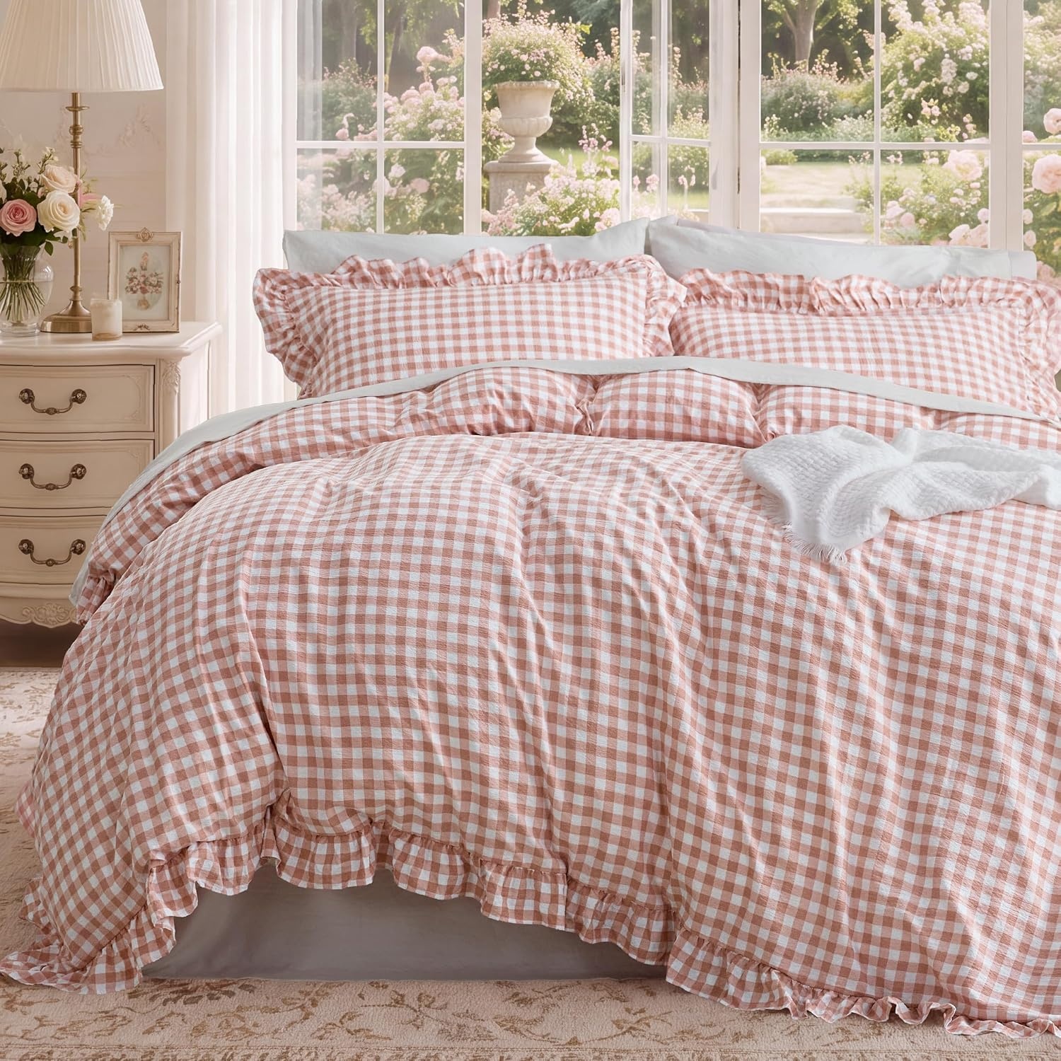 image:imageBedsure Tan Gingham Ruffle Duvet Cover SetVintage Farmhouse Bedding Queen  Cottagecore Aesthetic Ruffle Edges Soft Lightweight Hidden Zipper Inner Ties 90x90 Comforter Cover 2 Pillow Shams27  Pink Gingham