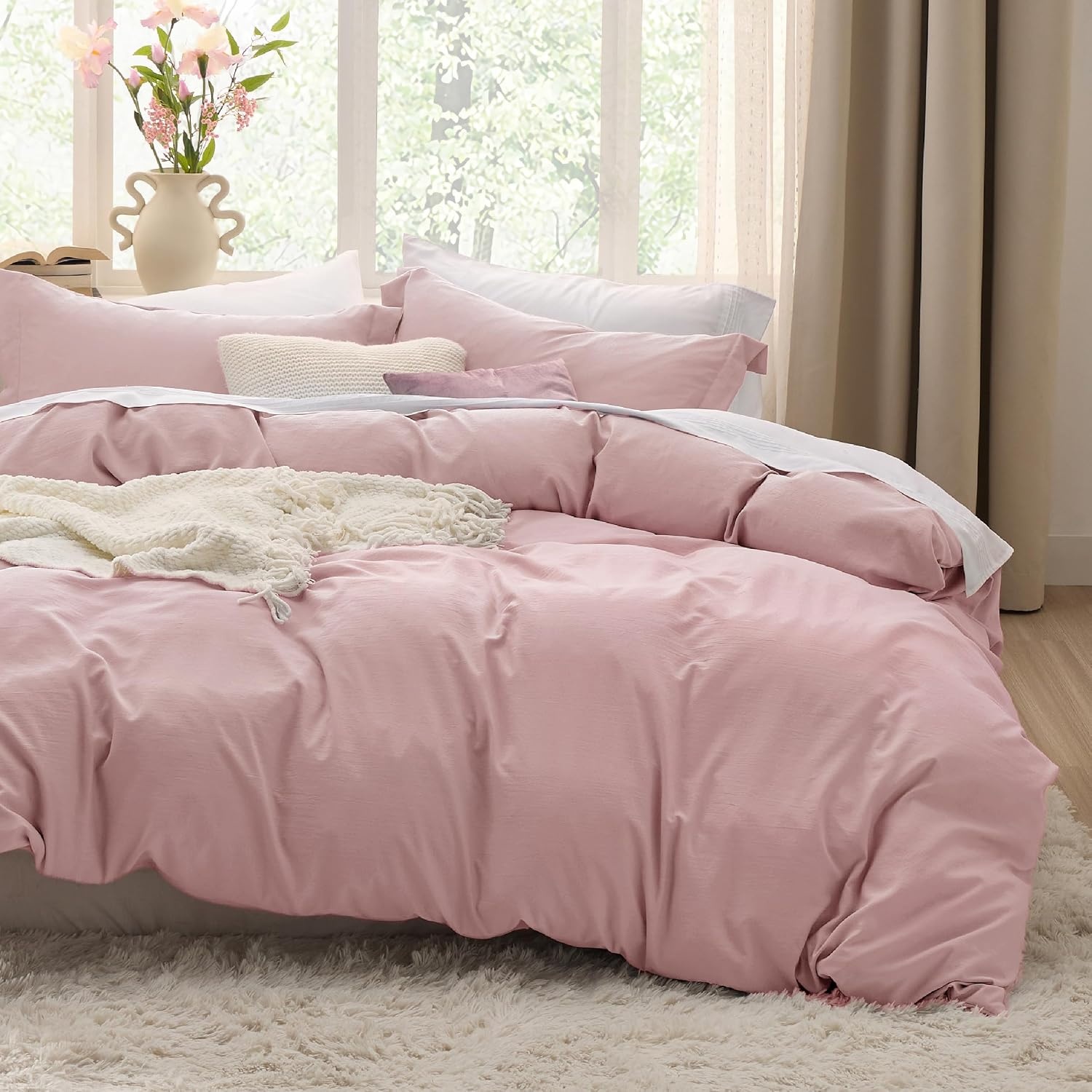 image:imageBedsure Tan Gingham Ruffle Duvet Cover SetVintage Farmhouse Bedding Queen  Cottagecore Aesthetic Ruffle Edges Soft Lightweight Hidden Zipper Inner Ties 90x90 Comforter Cover 2 Pillow Shams09  Pink No Comforter