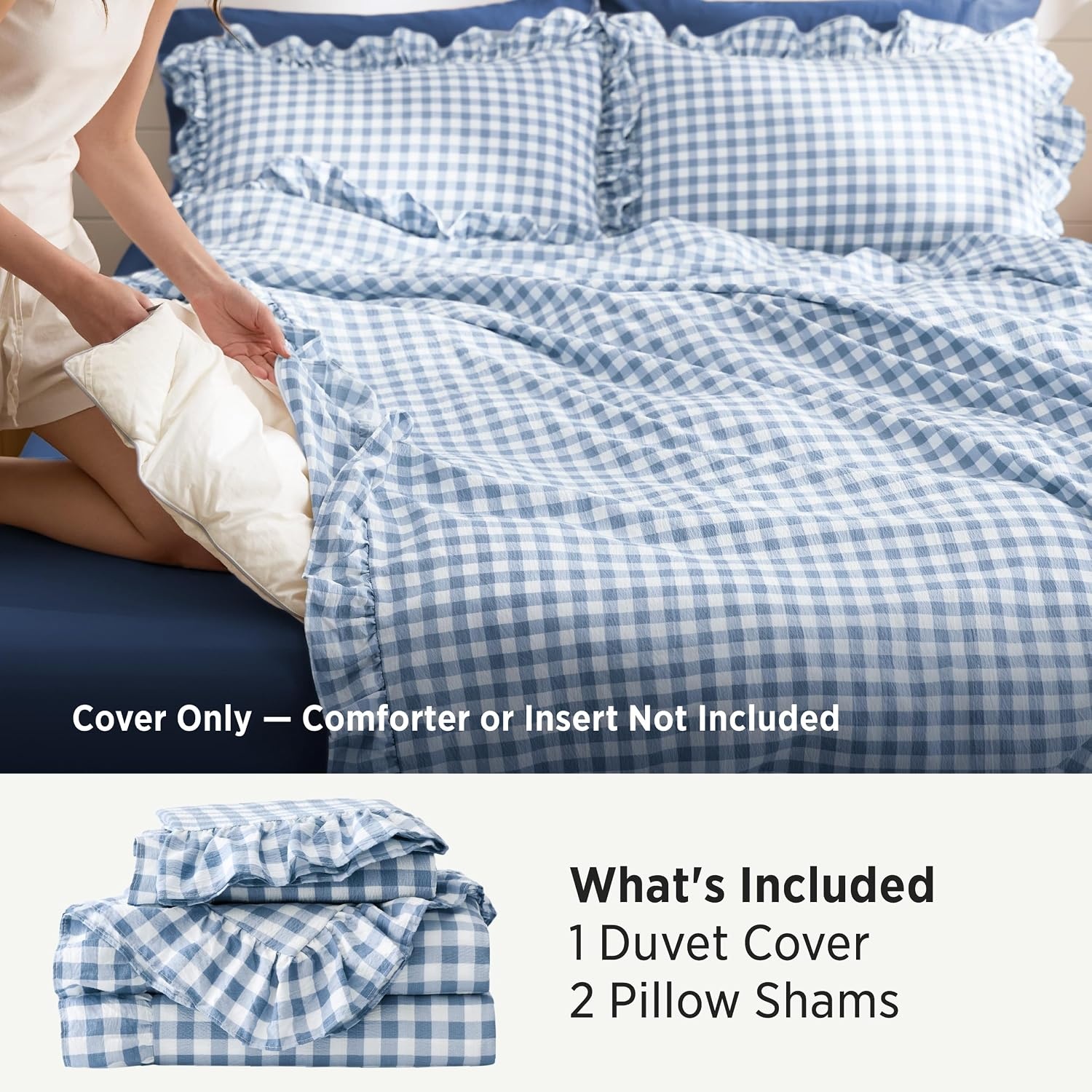 image:imageBedsure Tan Gingham Ruffle Duvet Cover SetVintage Farmhouse Bedding Queen  Cottagecore Aesthetic Ruffle Edges Soft Lightweight Hidden Zipper Inner Ties 90x90 Comforter Cover 2 Pillow Shams26  Blue Gingham