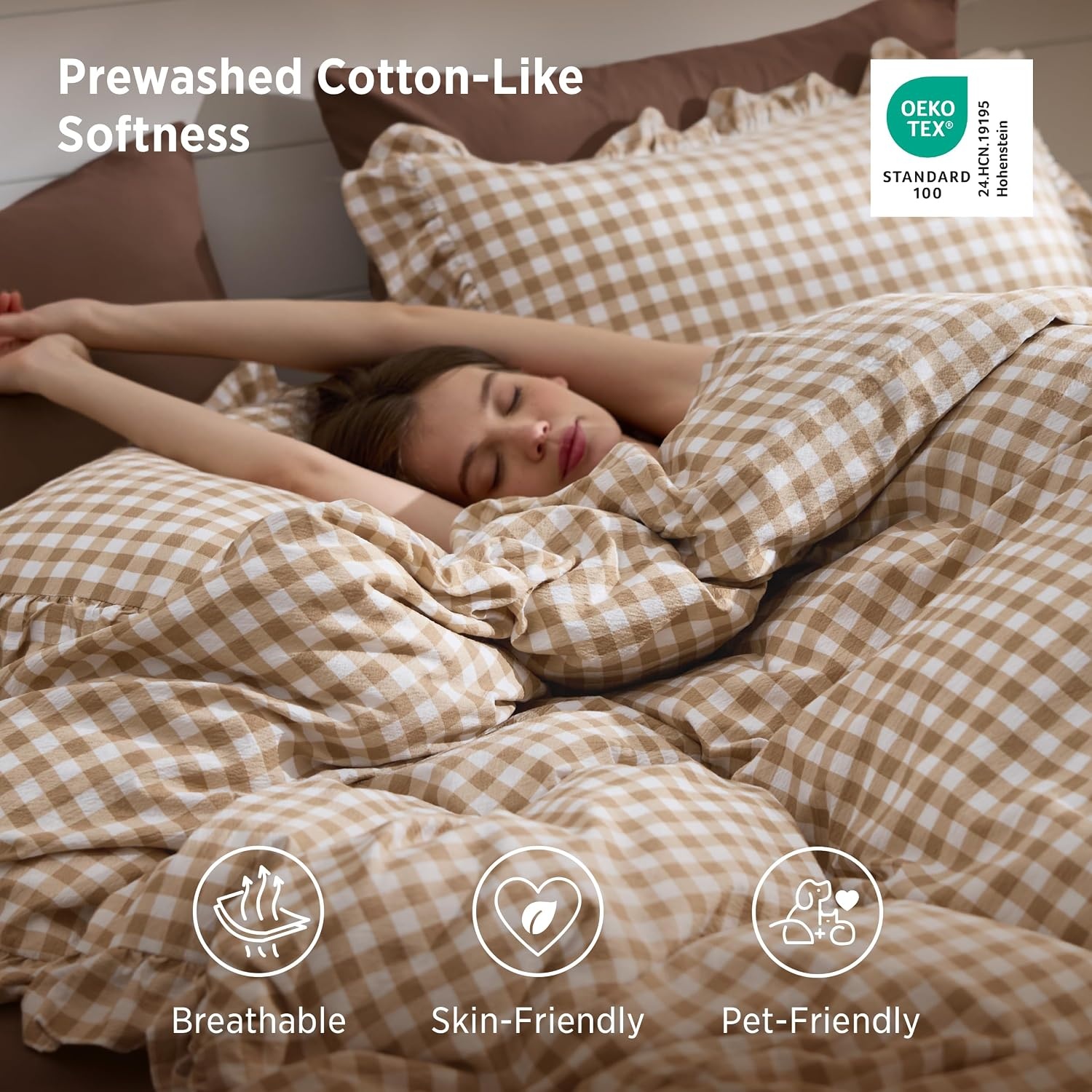 image:imageBedsure Tan Gingham Ruffle Duvet Cover SetVintage Farmhouse Bedding Queen  Cottagecore Aesthetic Ruffle Edges Soft Lightweight Hidden Zipper Inner Ties 90x90 Comforter Cover 2 Pillow Shams24  Tan Gingham