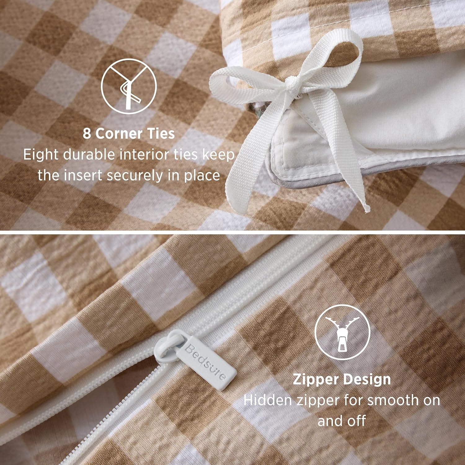 image:imageBedsure Tan Gingham Ruffle Duvet Cover SetVintage Farmhouse Bedding Queen  Cottagecore Aesthetic Ruffle Edges Soft Lightweight Hidden Zipper Inner Ties 90x90 Comforter Cover 2 Pillow Shams24  Tan Gingham