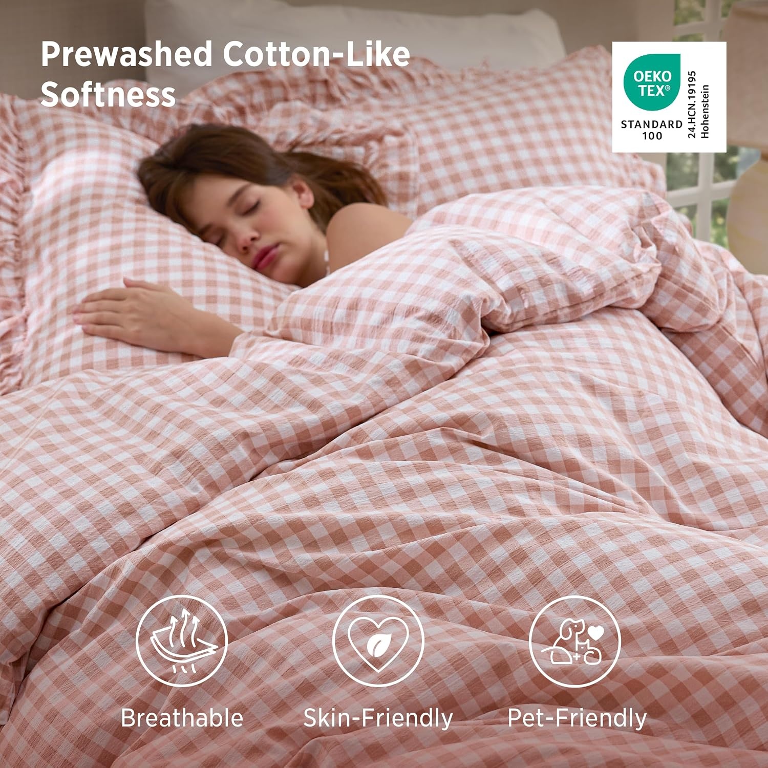 image:imageBedsure Tan Gingham Ruffle Duvet Cover SetVintage Farmhouse Bedding Queen  Cottagecore Aesthetic Ruffle Edges Soft Lightweight Hidden Zipper Inner Ties 90x90 Comforter Cover 2 Pillow Shams27  Pink Gingham