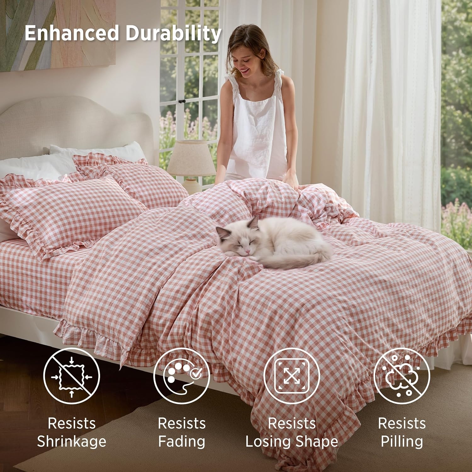 image:imageBedsure Tan Gingham Ruffle Duvet Cover SetVintage Farmhouse Bedding Queen  Cottagecore Aesthetic Ruffle Edges Soft Lightweight Hidden Zipper Inner Ties 90x90 Comforter Cover 2 Pillow Shams27  Pink Gingham