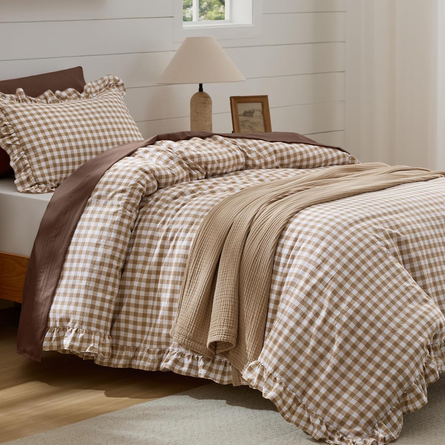 image:imageBedsure Tan Gingham Ruffle Duvet Cover SetVintage Farmhouse Bedding Queen  Cottagecore Aesthetic Ruffle Edges Soft Lightweight Hidden Zipper Inner Ties 90x90 Comforter Cover 2 Pillow Shams24  Tan Gingham