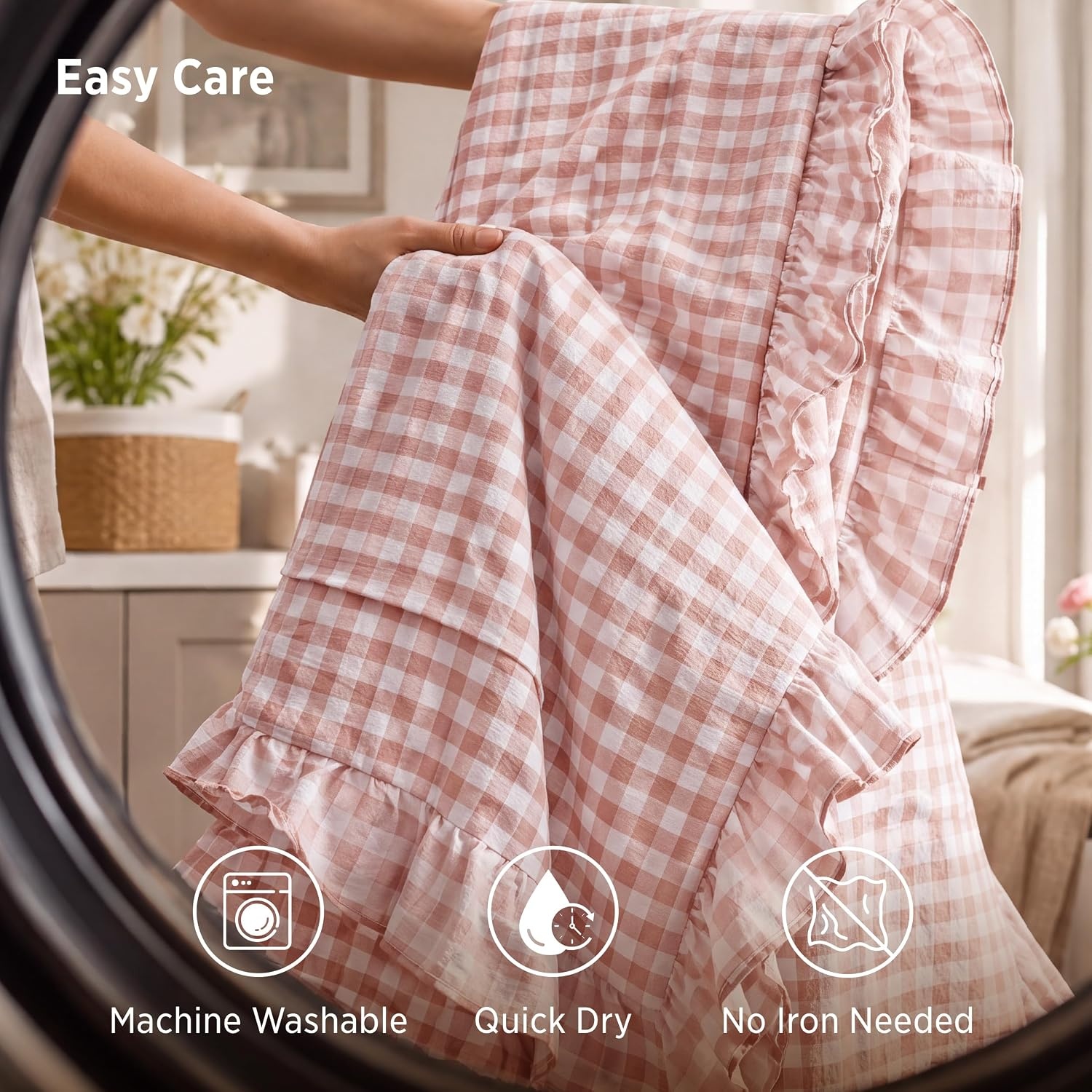 image:imageBedsure Tan Gingham Ruffle Duvet Cover SetVintage Farmhouse Bedding Queen  Cottagecore Aesthetic Ruffle Edges Soft Lightweight Hidden Zipper Inner Ties 90x90 Comforter Cover 2 Pillow Shams27  Pink Gingham