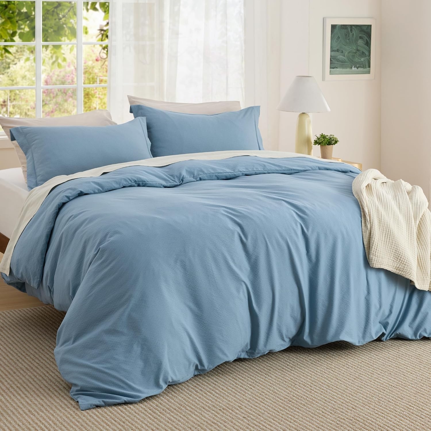 image:imageBedsure Tan Gingham Ruffle Duvet Cover SetVintage Farmhouse Bedding Queen  Cottagecore Aesthetic Ruffle Edges Soft Lightweight Hidden Zipper Inner Ties 90x90 Comforter Cover 2 Pillow Shams22  Chambray Blue No Comforter