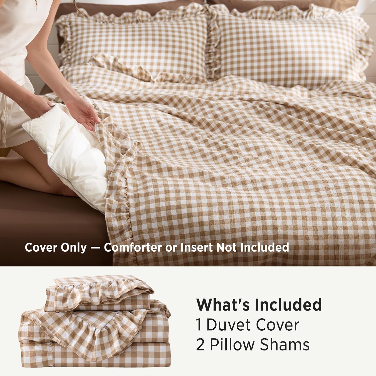 image:imageBedsure Tan Gingham Ruffle Duvet Cover SetVintage Farmhouse Bedding Queen  Cottagecore Aesthetic Ruffle Edges Soft Lightweight Hidden Zipper Inner Ties 90x90 Comforter Cover 2 Pillow Shams24  Tan Gingham