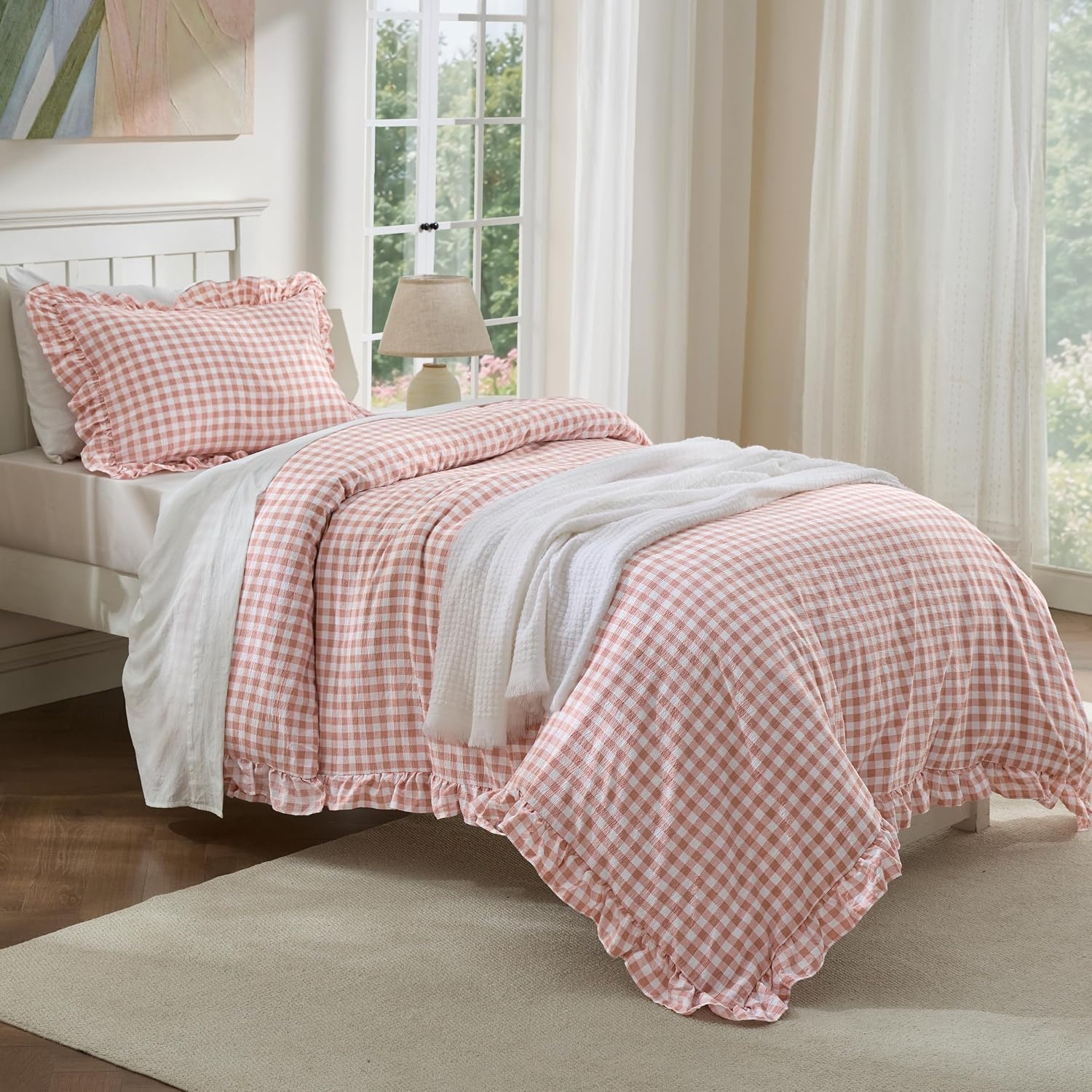 image:imageBedsure Tan Gingham Ruffle Duvet Cover SetVintage Farmhouse Bedding Queen  Cottagecore Aesthetic Ruffle Edges Soft Lightweight Hidden Zipper Inner Ties 90x90 Comforter Cover 2 Pillow Shams27  Pink Gingham