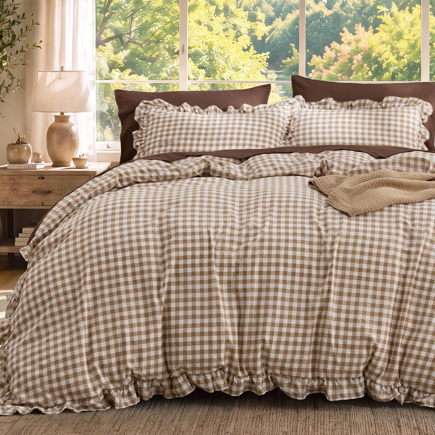 image:imageBedsure Tan Gingham Ruffle Duvet Cover SetVintage Farmhouse Bedding Queen  Cottagecore Aesthetic Ruffle Edges Soft Lightweight Hidden Zipper Inner Ties 90x90 Comforter Cover 2 Pillow Shams24  Tan Gingham