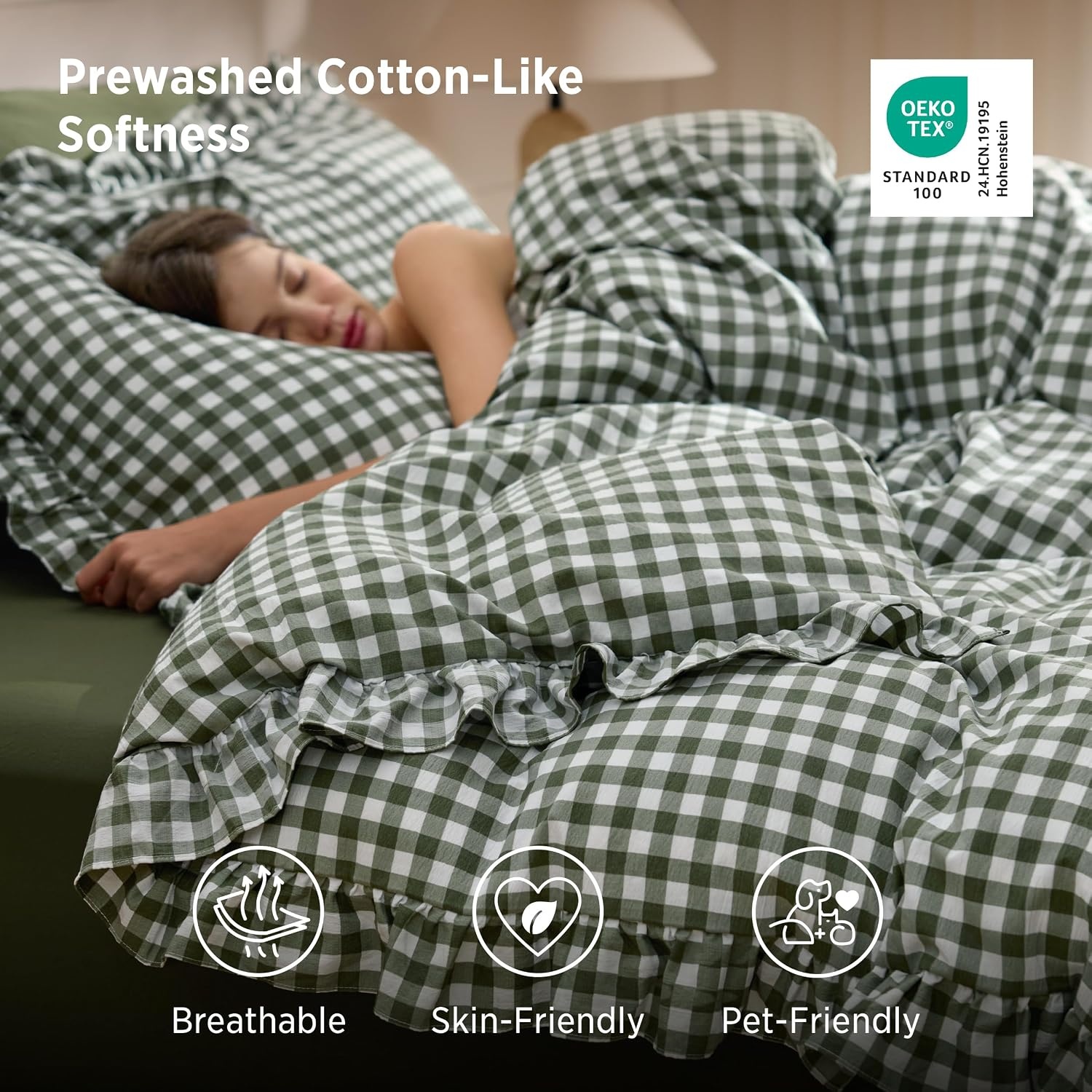 image:imageBedsure Tan Gingham Ruffle Duvet Cover SetVintage Farmhouse Bedding Queen  Cottagecore Aesthetic Ruffle Edges Soft Lightweight Hidden Zipper Inner Ties 90x90 Comforter Cover 2 Pillow Shams25  Olive Green Gingham