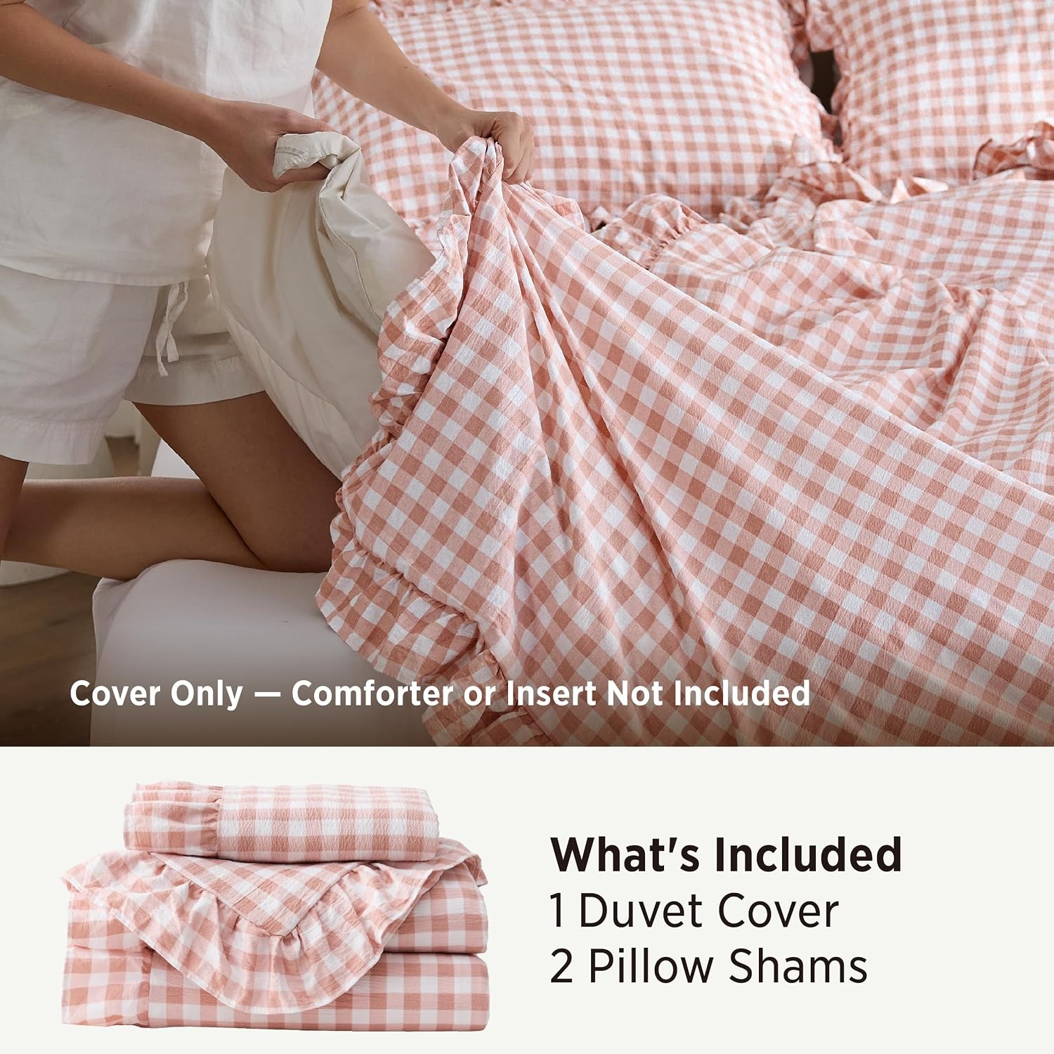 image:imageBedsure Tan Gingham Ruffle Duvet Cover SetVintage Farmhouse Bedding Queen  Cottagecore Aesthetic Ruffle Edges Soft Lightweight Hidden Zipper Inner Ties 90x90 Comforter Cover 2 Pillow Shams27  Pink Gingham