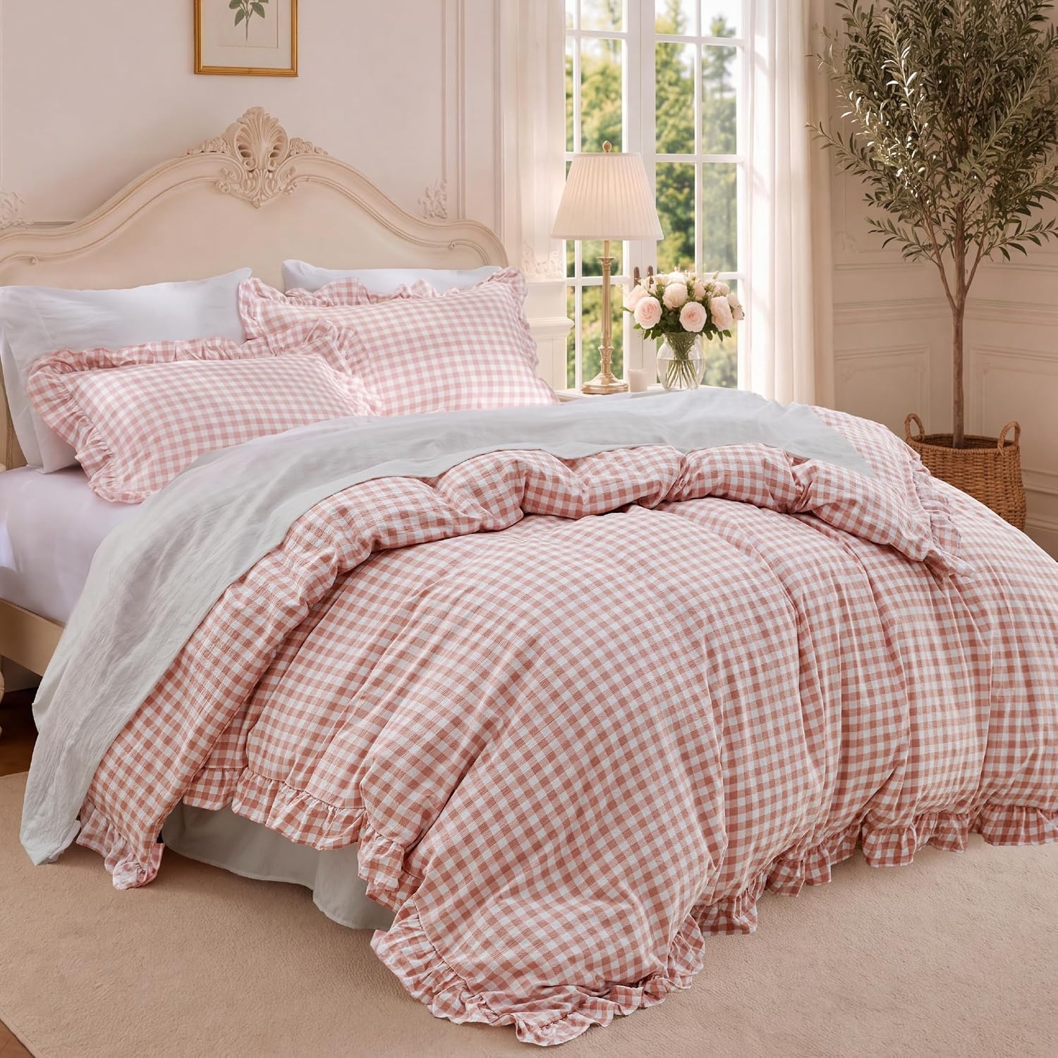 image:imageBedsure Tan Gingham Ruffle Duvet Cover SetVintage Farmhouse Bedding Queen  Cottagecore Aesthetic Ruffle Edges Soft Lightweight Hidden Zipper Inner Ties 90x90 Comforter Cover 2 Pillow Shams27  Pink Gingham