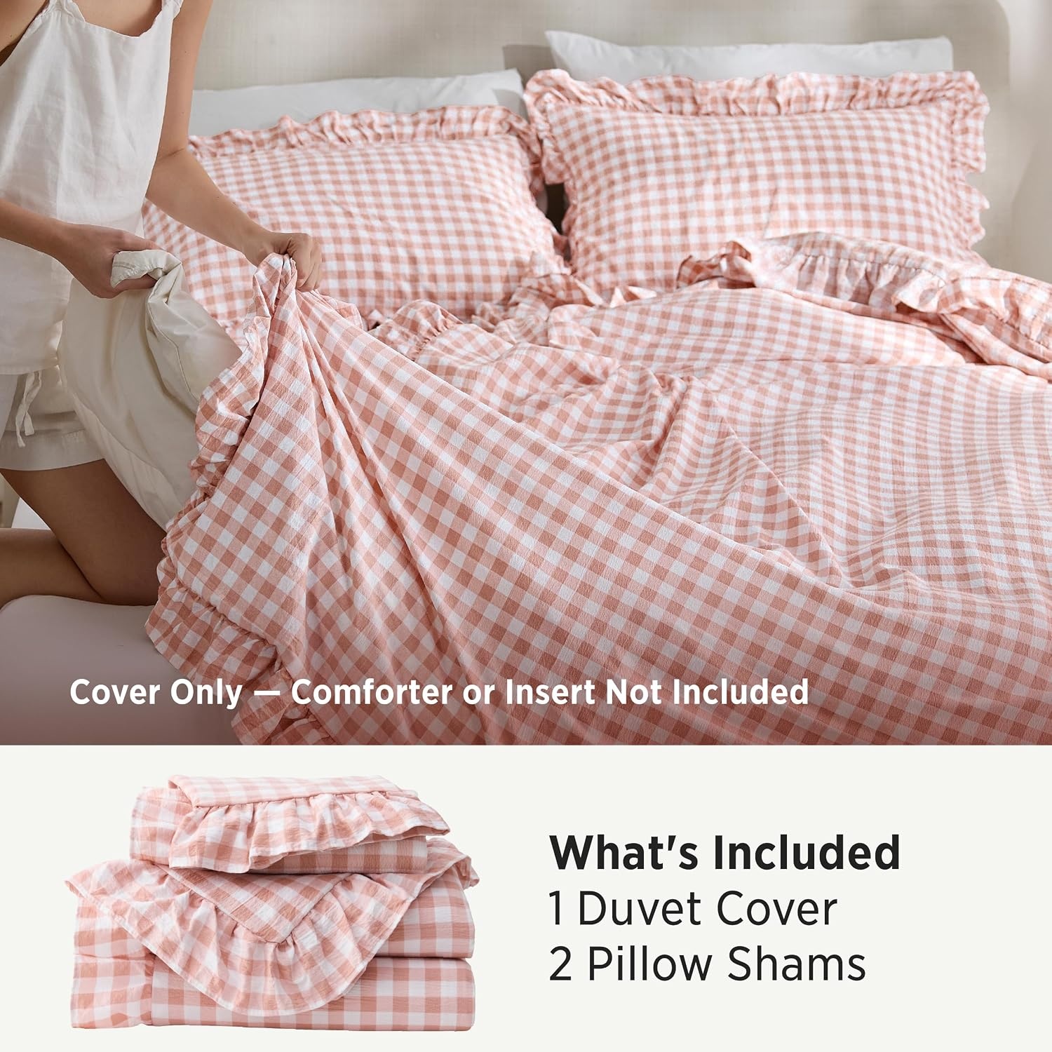 image:imageBedsure Tan Gingham Ruffle Duvet Cover SetVintage Farmhouse Bedding Queen  Cottagecore Aesthetic Ruffle Edges Soft Lightweight Hidden Zipper Inner Ties 90x90 Comforter Cover 2 Pillow Shams27  Pink Gingham