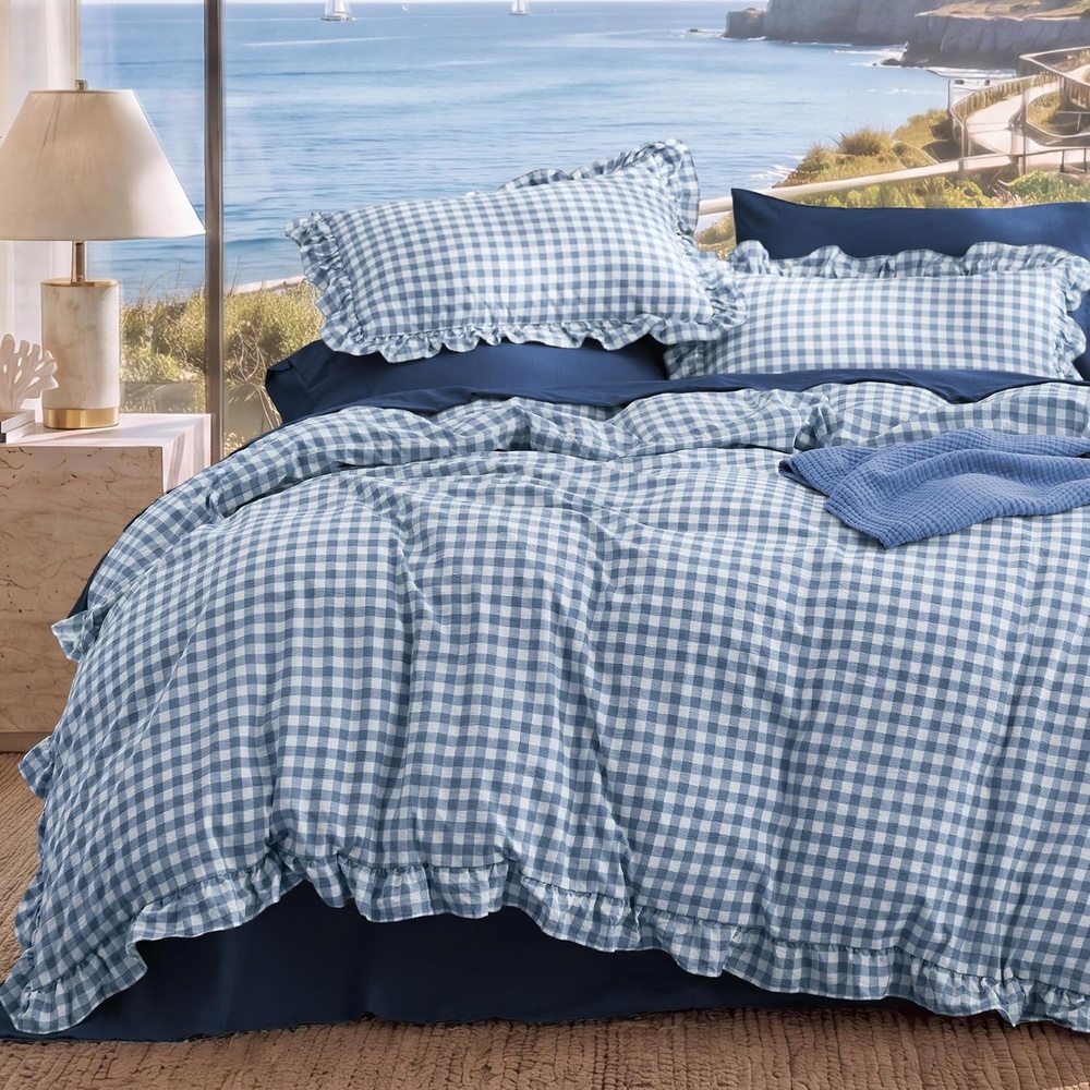 image:imageBedsure Tan Gingham Ruffle Duvet Cover SetVintage Farmhouse Bedding Queen  Cottagecore Aesthetic Ruffle Edges Soft Lightweight Hidden Zipper Inner Ties 90x90 Comforter Cover 2 Pillow Shams26  Blue Gingham