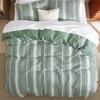 image:imageBedsure PureWoven 3 Pieces 100 Cotton Waffle Duvet Cover Set King Brown19  Strip Green No Comforter