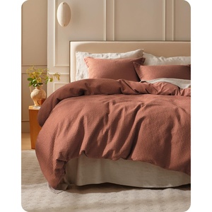 image:imageBedsure PureWoven 3 Pieces 100 Cotton Waffle Duvet Cover Set King Brown07  Burnt Orange No Comforter