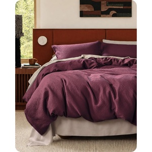 image:imageBedsure PureWoven 3 Pieces 100 Cotton Waffle Duvet Cover Set King Brown09  Burgundy No Comforter