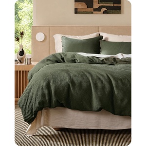 image:imageBedsure PureWoven 3 Pieces 100 Cotton Waffle Duvet Cover Set King Brown14  Olive Green No Comforter