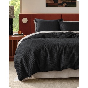 image:imageBedsure PureWoven 3 Pieces 100 Cotton Waffle Duvet Cover Set King Brown19  Black No Comforter