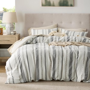 image:imageBedsure PureWoven 3 Pieces 100 Cotton Waffle Duvet Cover Set King Brown19  Strip White No Comforter